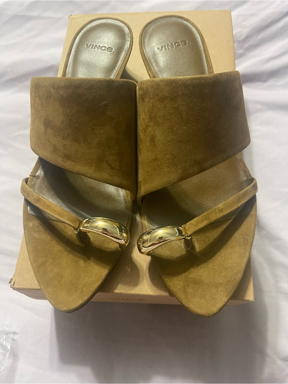 Vince Suede Brown Toe-Ring Slide Sandals with Gold Accent